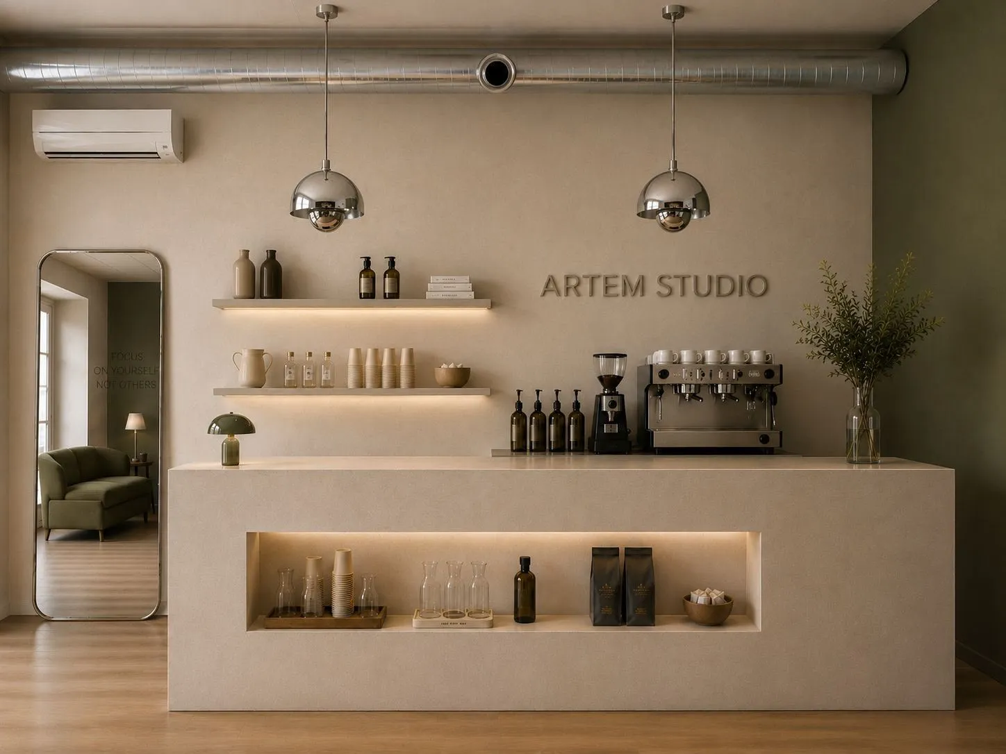 Le comptoir du coffee shop d'Artem Studio, suspensions chromées et étagères beige