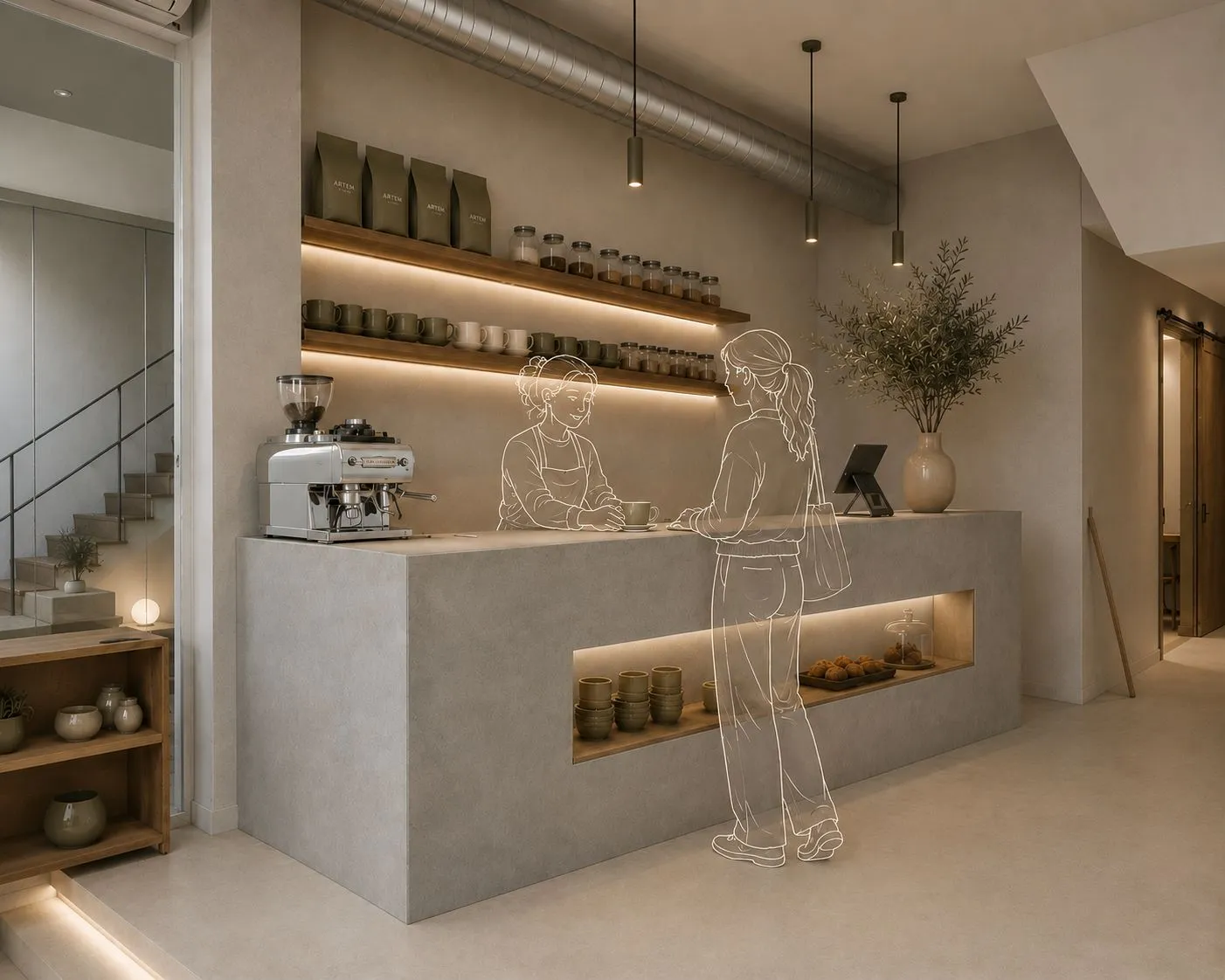 Le comptoir du coffee shop, machine espresso et étagères rétroéclairées