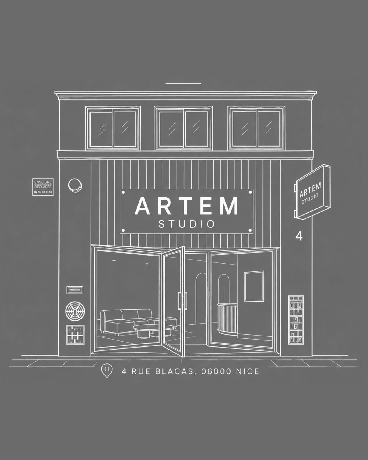 La façade du studio dessinée au trait, enseigne ARTEM STUDIO
